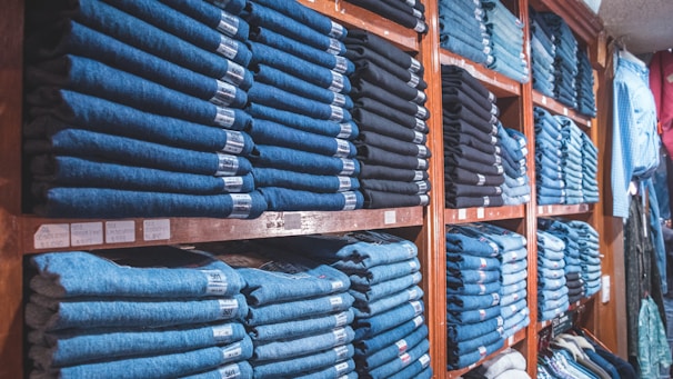 blue and brown wooden shelf