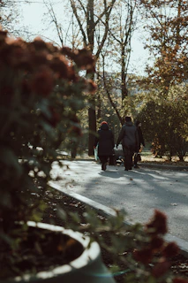 A cheerful group walking briskly in a leafy park, embodying movement and connection.