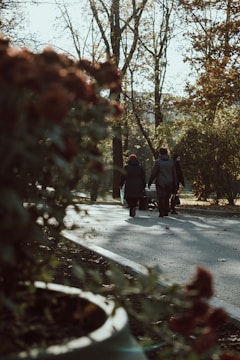 A group of people walking in a park.