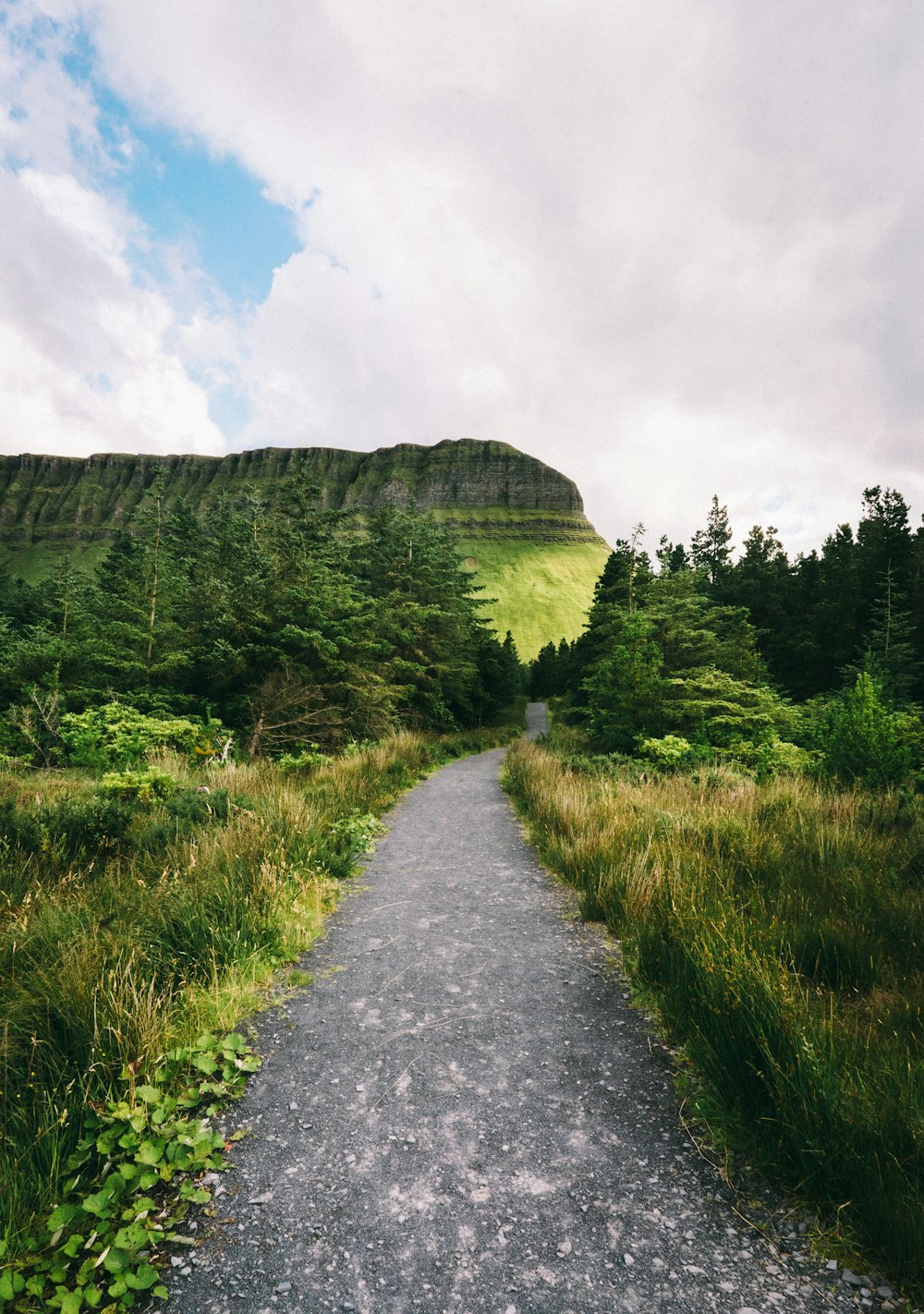 gray concrete road between green grass field under white clouds during daytime