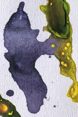 Abstract watercolor painting with a textured background. Prominent blue and green shapes with yellow accents create an organic and fluid pattern.