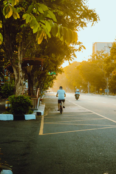 A cyclist riding an e-bike through a leafy urban park during golden hour.