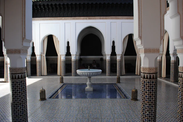 White and blue concrete fountain
