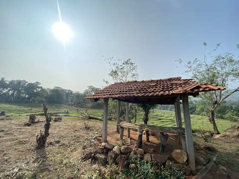 A small rustic shelter with a tiled roof is situated in a rural landscape. It is supported by four pillars and surrounded by dry, bare soil with a few trees and shrubs sparsely scattered around. In the background, there are green, terraced fields extending towards the horizon, with a forested area further back. The sun shines brightly in a clear sky, casting shadows from the shelter and other objects.