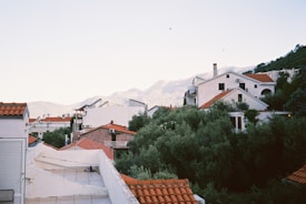 A serene mountain village scene with several traditional homes featuring red-tiled roofs nestled among lush greenery. The background is dominated by a range of majestic mountains under a clear blue sky. The architecture suggests a Mediterranean or European style, and there is a calm ambiance with birds flying in the distance.