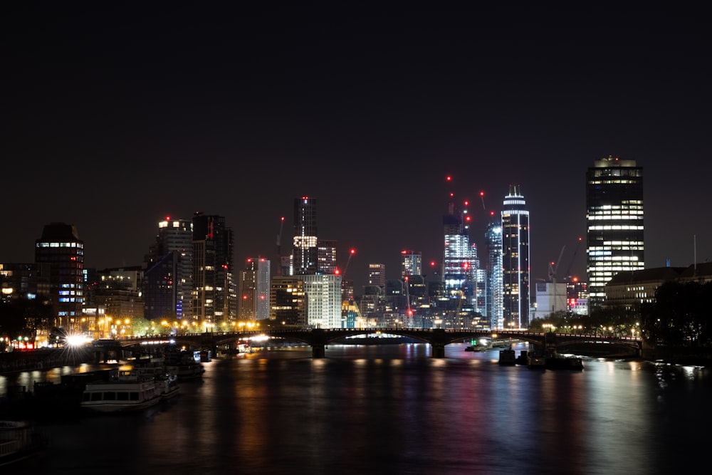 city skyline during night time