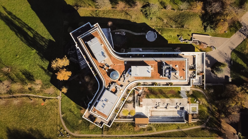 aerial view of white and brown building