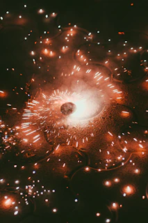 A glowing red toy rocket silhouette made of light particles floating against a dark purple gradient background.