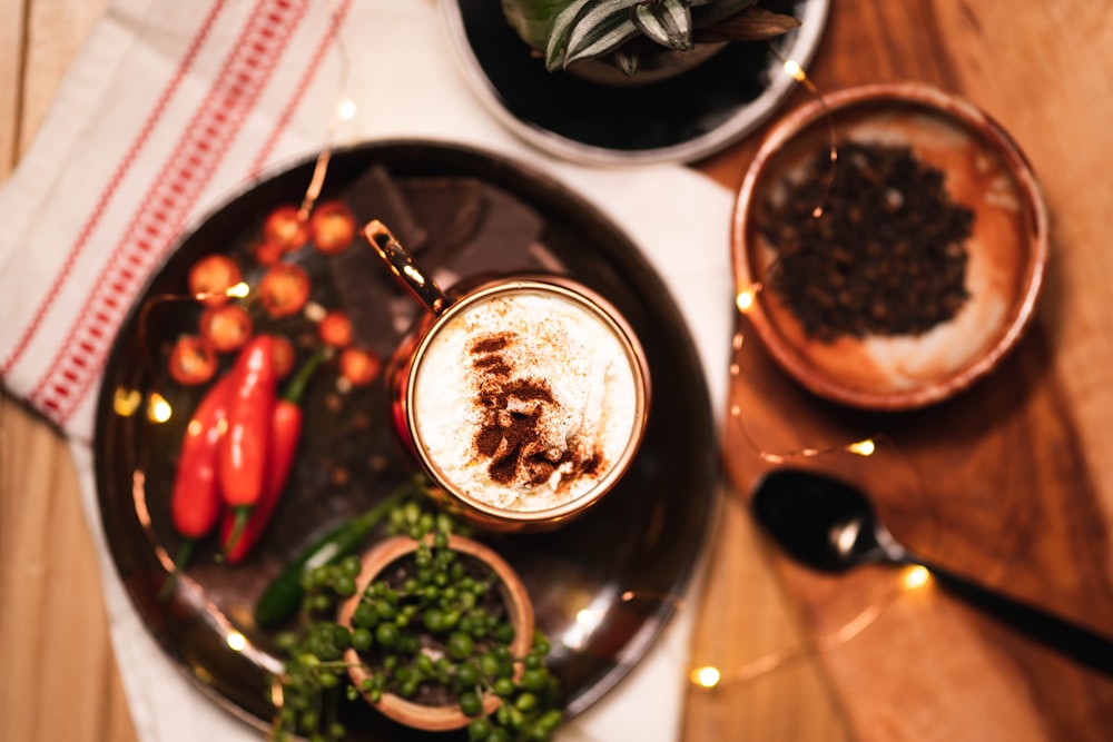 black ceramic bowl with food