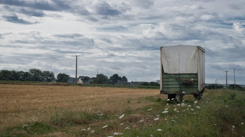 A rural landscape with a large, weathered green and white trailer parked on the edge of a harvested field. The field is surrounded by power lines and scattered houses in the distance under a cloudy sky. Wildflowers grow alongside the path next to the trailer.