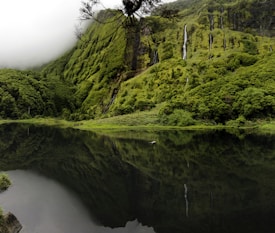 Lush green hills with several small waterfalls cascades down to a serene lake reflecting the vibrant landscape, surrounded by dense foliage under a misty sky.