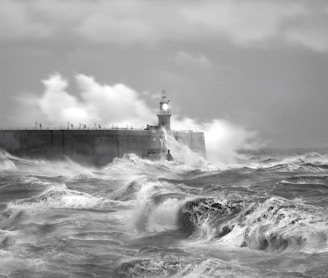 grayscale photo of sea waves crashing on concrete wall