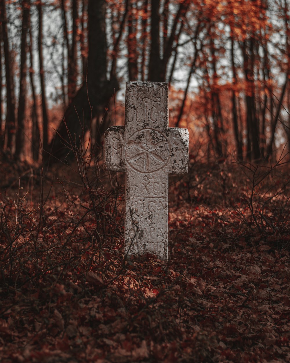 gray concrete cross on brown dried leaves