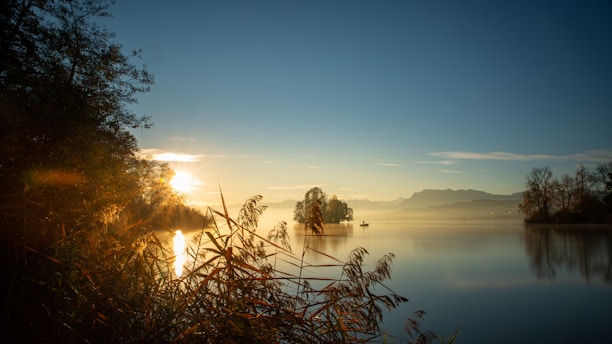 A peaceful sunrise over a calm lake with gentle reflections.