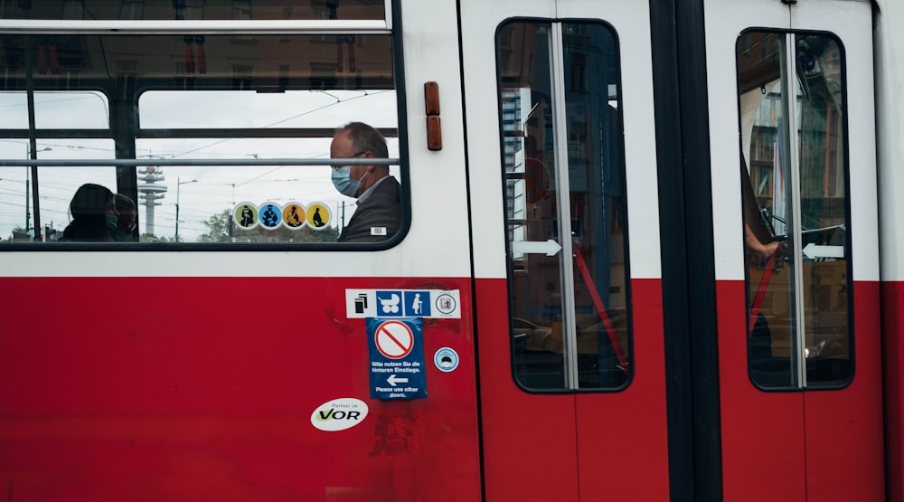 red and white train door