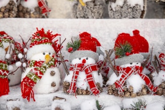 white snowman with red and green christmas baubles