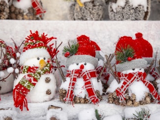 white snowman with red and green christmas baubles