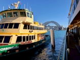 A yellow-green ferry named 'Borrowdale' is docked in a harbor, with clear blue water. The Sydney Harbour Bridge and city skyline are visible in the background. The sky is bright and cloudless, capturing a vibrant and sunny day.