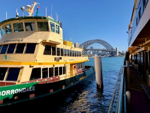 A yellow-green ferry named 'Borrowdale' is docked in a harbor, with clear blue water. The Sydney Harbour Bridge and city skyline are visible in the background. The sky is bright and cloudless, capturing a vibrant and sunny day.