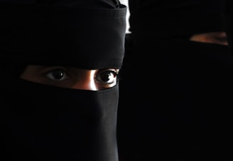 A pair of eyes glimmering with playful seduction beneath a veil.