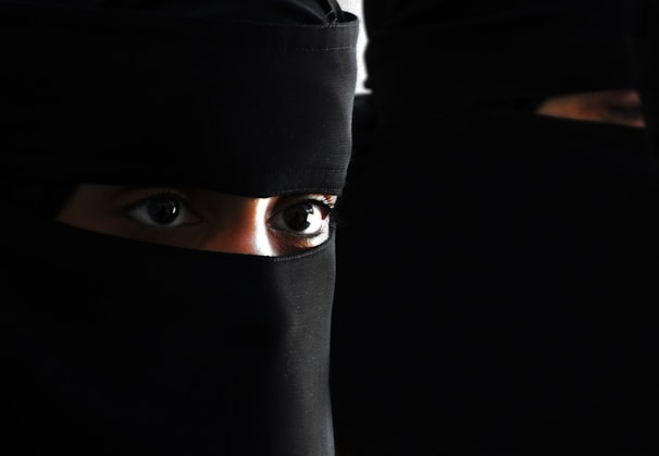 A pair of eyes glimmering with playful seduction beneath a veil.