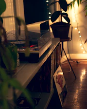 Cozy listening nook with a sleek turntable, bookshelf speakers, and warm ambient lighting.