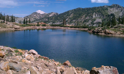 A serene mountain lake surrounded by pine trees under a clear blue sky.