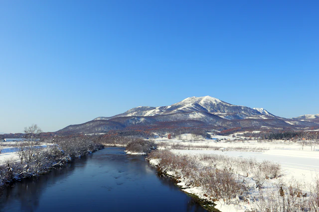 Snow-covered Annupuri ski area seen from Kutchan, Niseko
