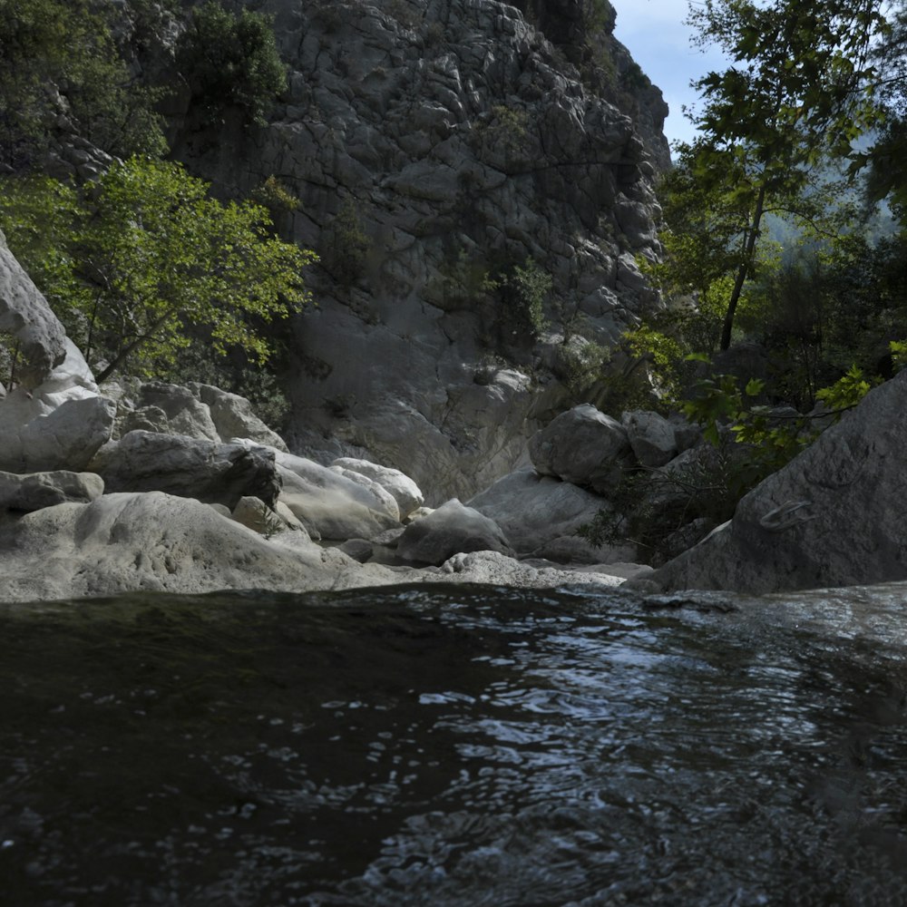 gray rocky mountain beside river during daytime