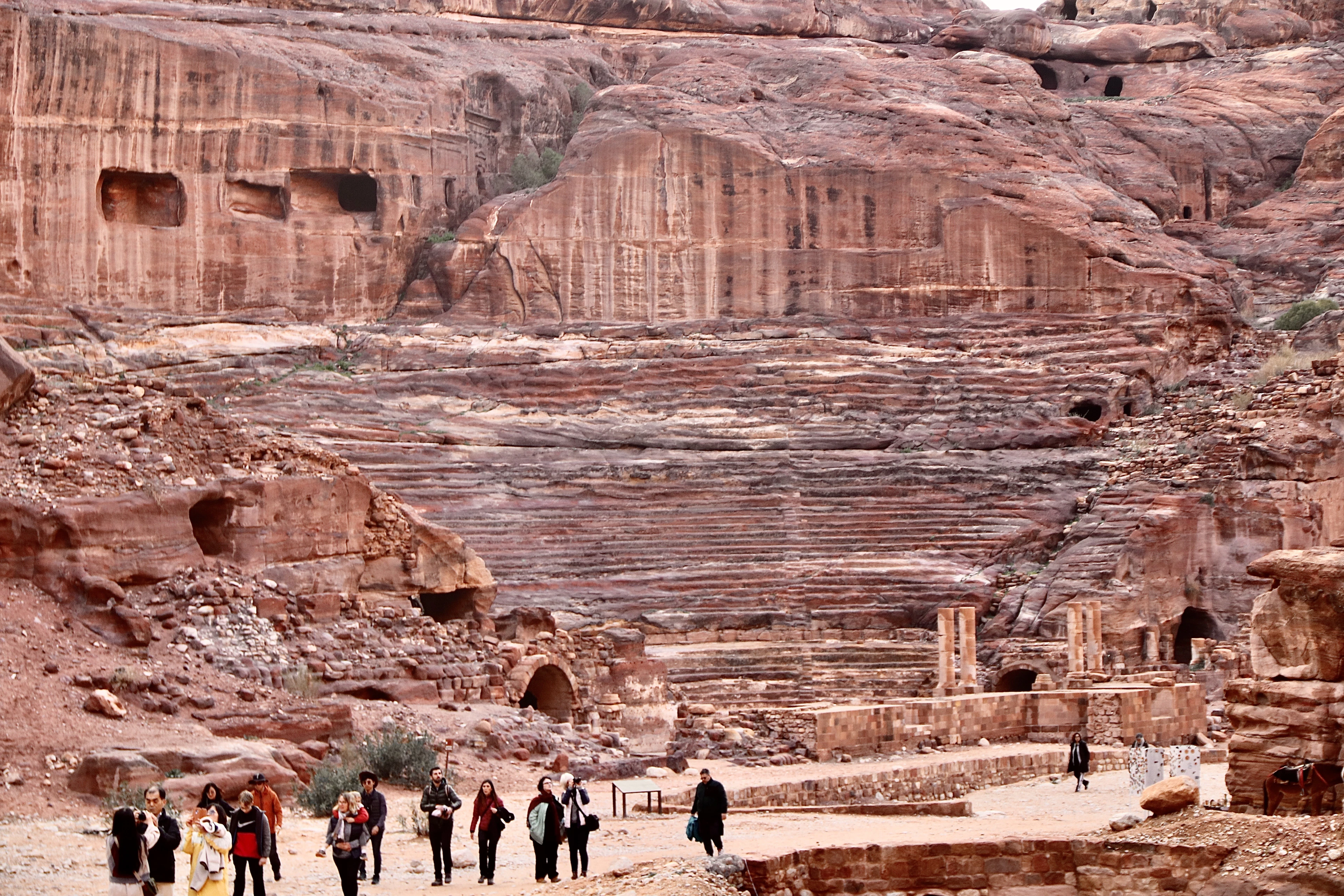 Petra's Roman theatre, its curved rows of seating carved straight out of the rose-coloured cliff with tomb doorways cut into the rock above, a line of visitors walking along the sandy path in front of it.