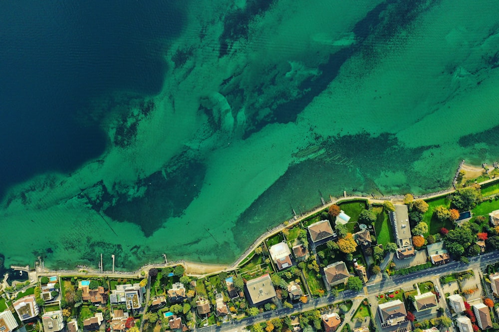 aerial view of city near body of water during daytime