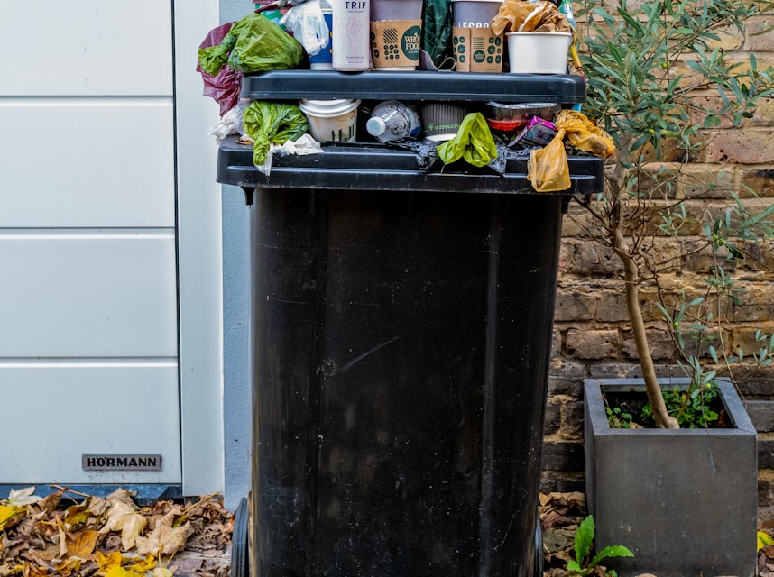 black trash bin with green leaves