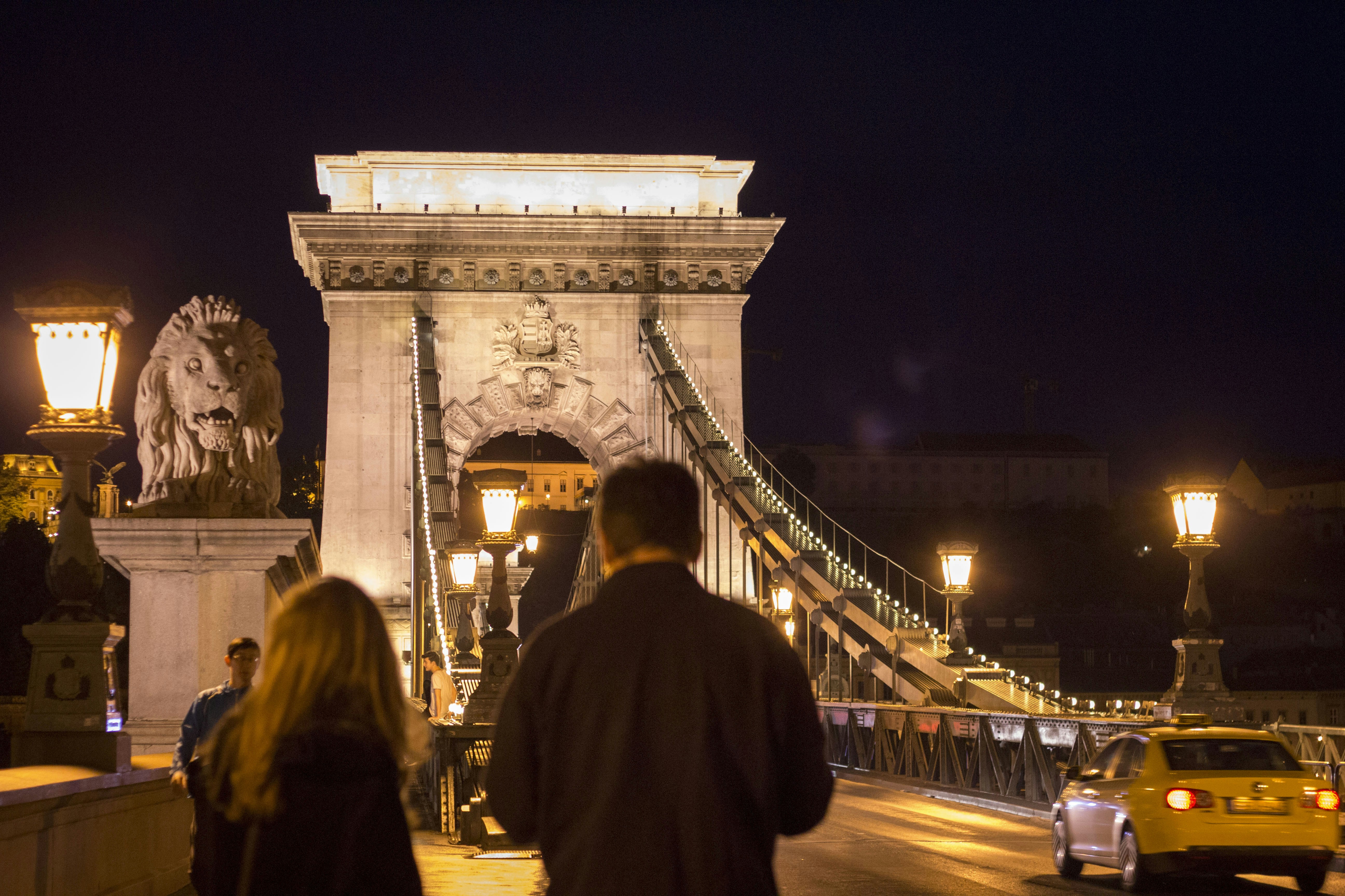man in black coat standing on bridge during night time, Budapest