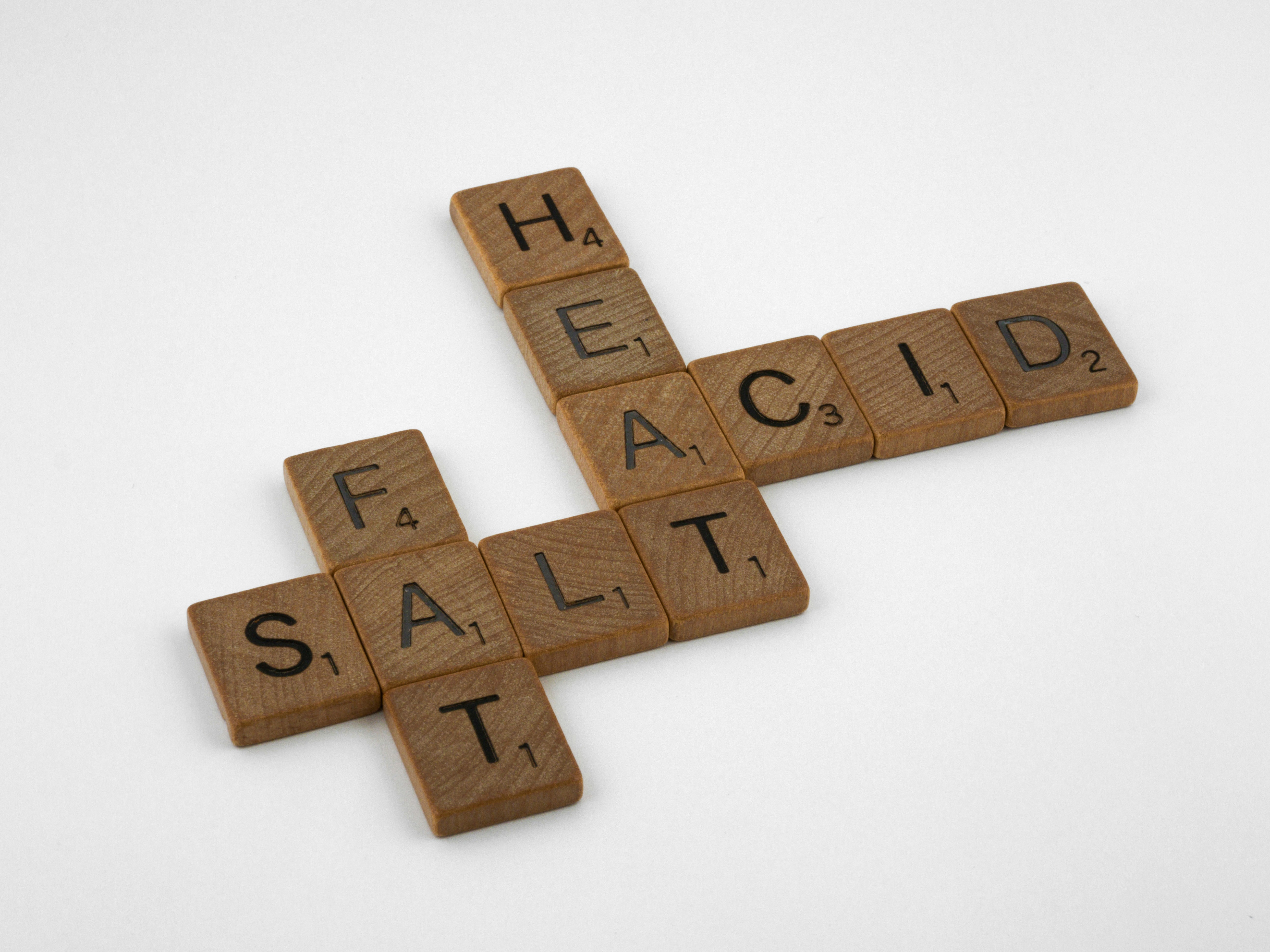 scrabble, scrabble pieces, lettering, letters, wood, scrabble tiles, white background, words, salt, fat, acid, heat, cookery, cooking, cordon bleu, basics, cookery basics, samin nosrat, ingredients, <br>