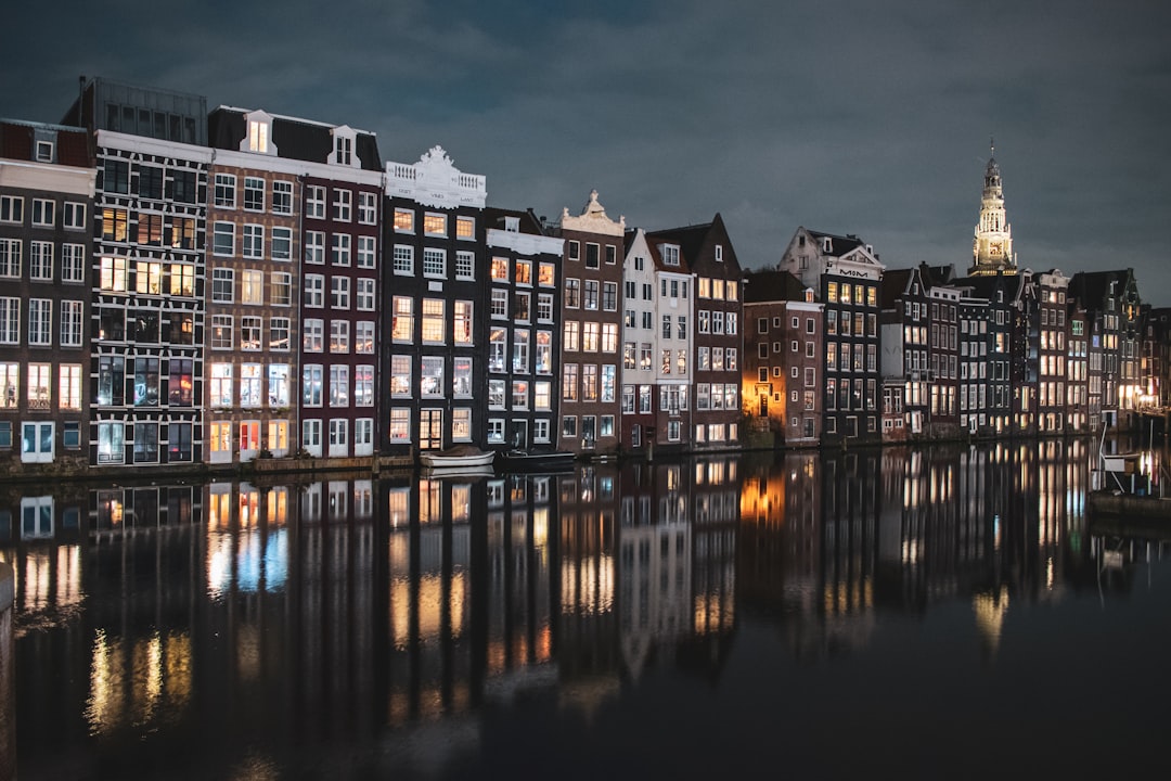 brown and white concrete building near body of water during night time