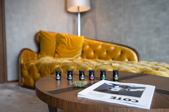 Bright, finished basement featuring modern furniture, yellow accents, and soft white walls.