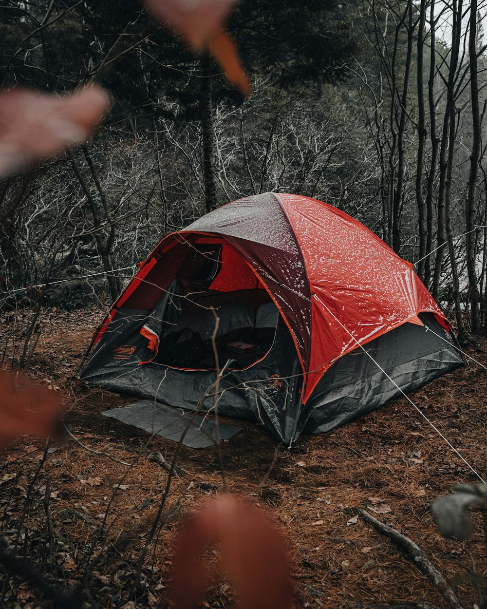 red-and-black-tent-on-brown-soil