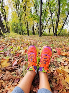 Comfortable running shoes on a sunlit path surrounded by autumn leaves.