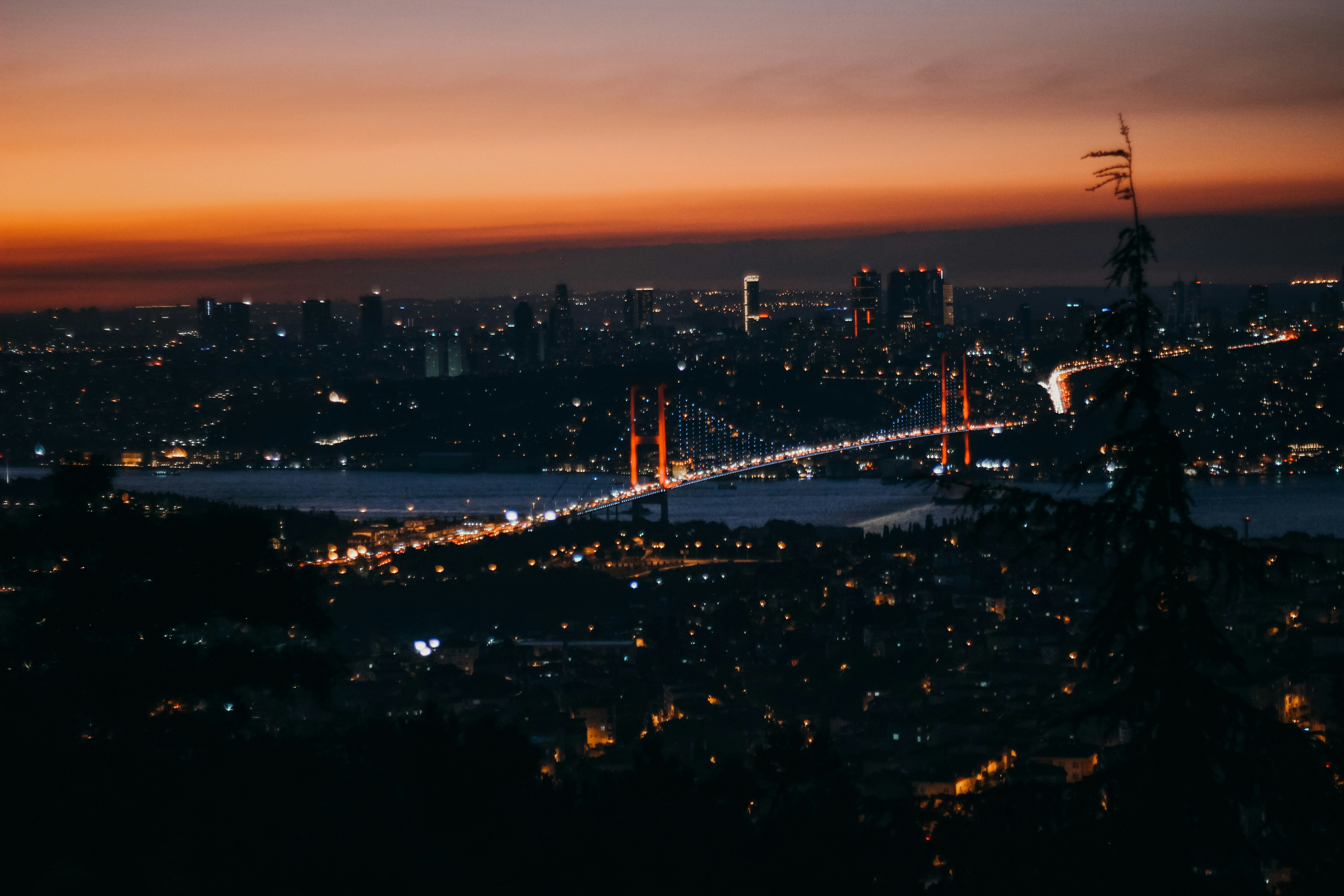 city skyline during night time