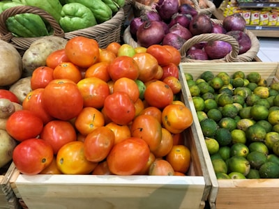 Fresh vegetables and fruits from the Chilean countryside displayed in woven baskets.