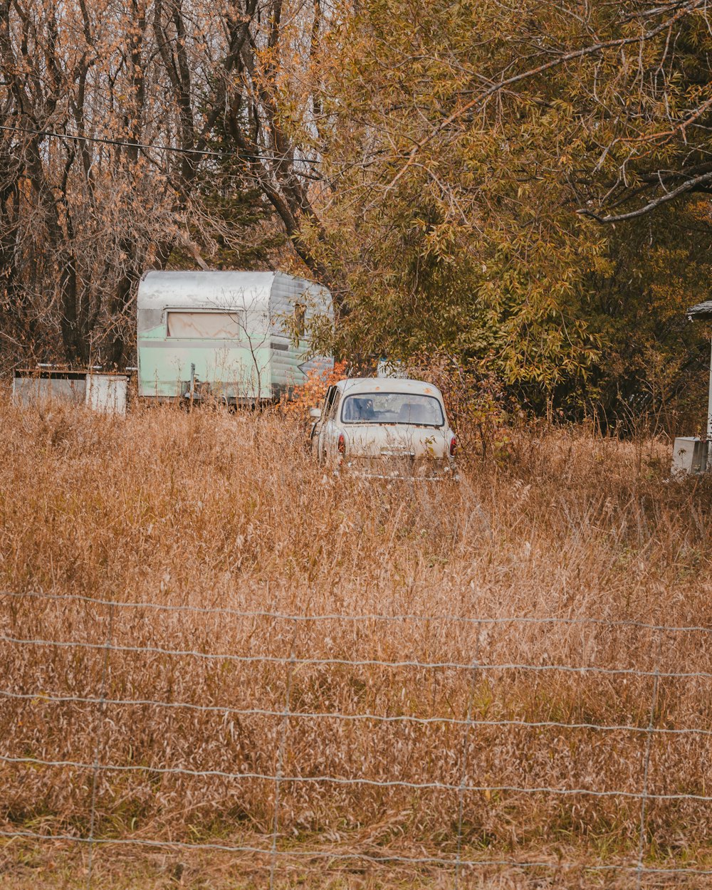 white van on brown grass field during daytime