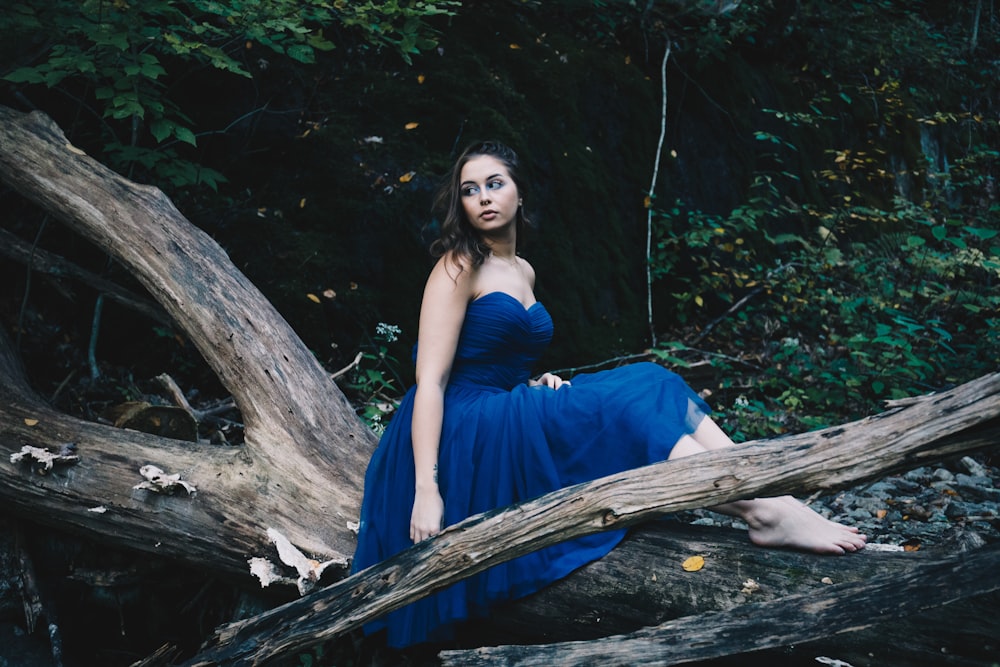 woman in blue sleeveless dress sitting on brown tree log