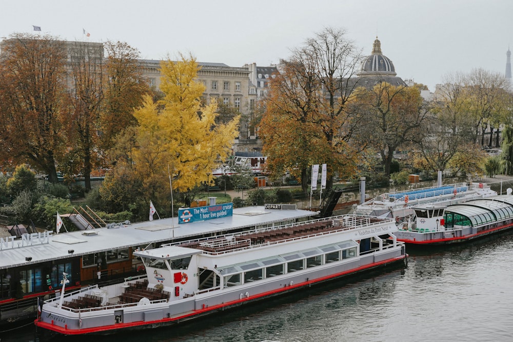 white and red passenger boat on river during daytime