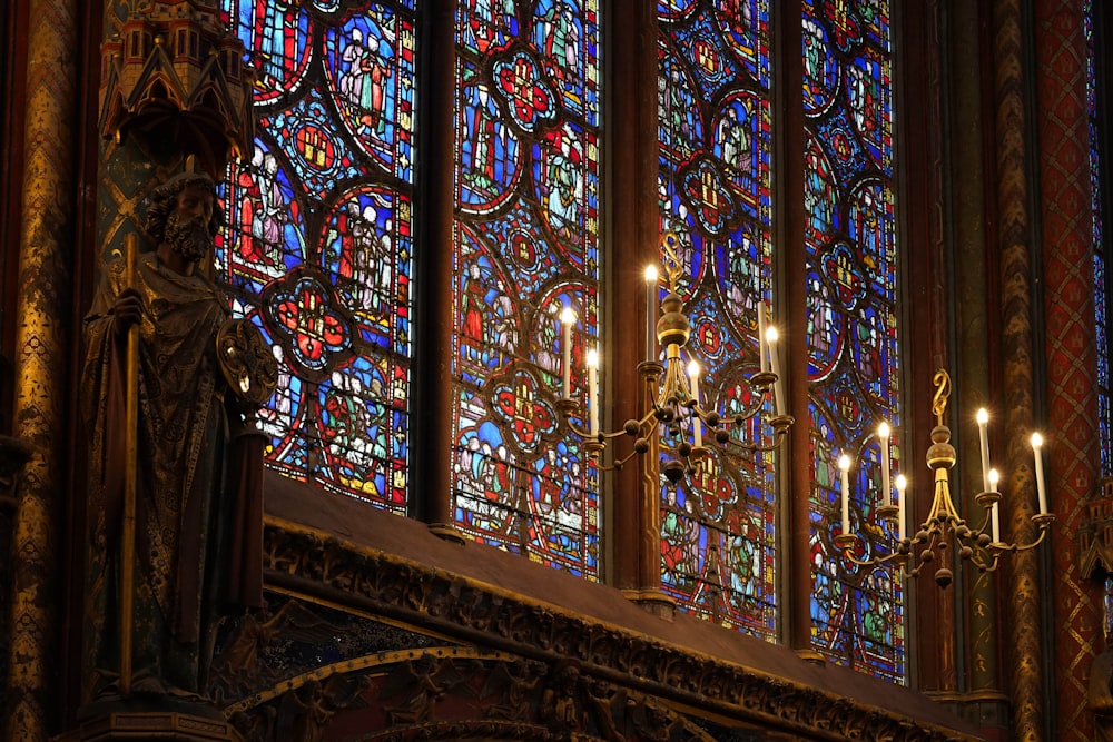 blue and brown floral glass window