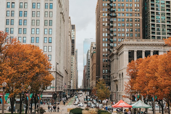 A bustling urban street flanked by tall buildings and autumnal trees with orange leaves. The architecture reflects a mixture of modern and historic styles, with pedestrians and cars moving along the street. Brightly colored tents are visible on the sidewalk, suggesting a market or event.