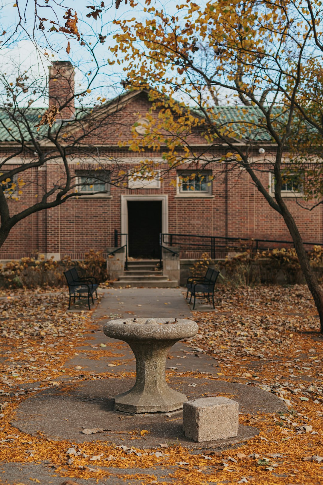 brown concrete building with trees and brown leaves on ground