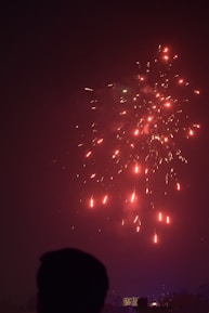 Fireworks light up the night sky with bright red and yellow sparks. A silhouetted figure in the foreground suggests a human presence, watching the display. Below, the skyline features illuminated buildings, hinting at an urban setting.