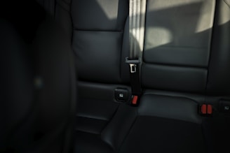 A close-up view of a car's back seat featuring black leather upholstery, red seatbelt latch buttons, and a fabric seatbelt. The lighting creates shadows and highlights on the surface.