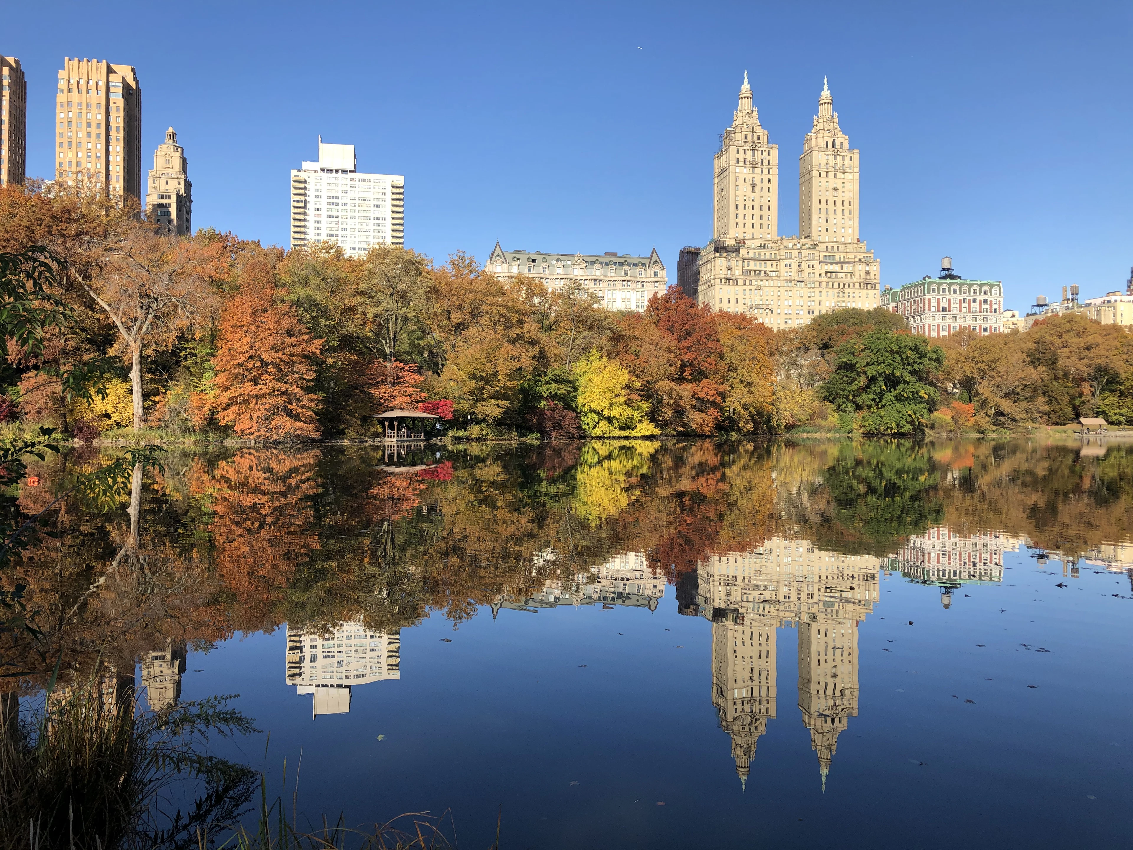 Autumn trees and Manhattan towers reflected in the Lake in Central Park, New York