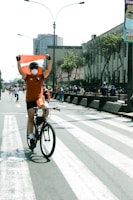 Close-up of a colorful two-sided banner held high above a cyclist's head.